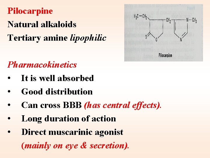 Pilocarpine Natural alkaloids Tertiary amine lipophilic Pharmacokinetics • It is well absorbed • Good