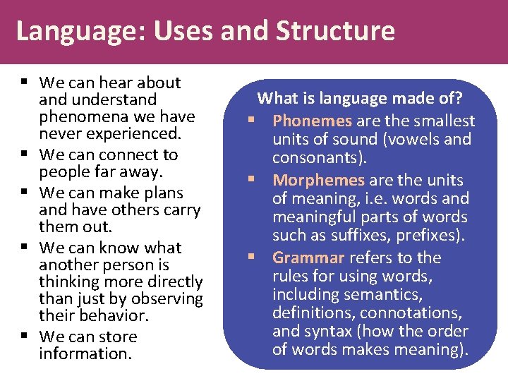 Language: Uses and Structure § We can hear about and understand phenomena we have