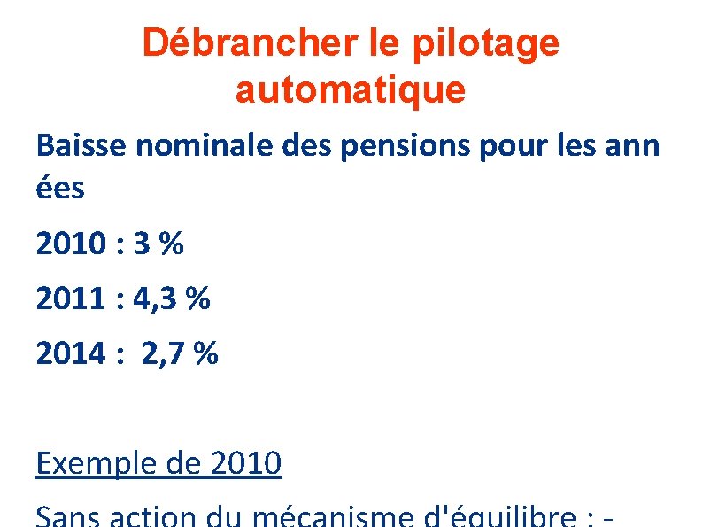 Débrancher le pilotage automatique Baisse nominale des pensions pour les ann ées 2010 :