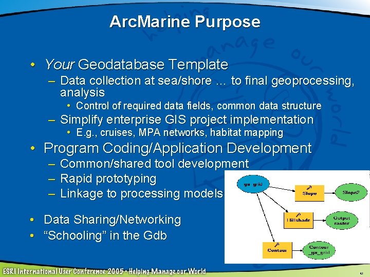 Arc. Marine Purpose • Your Geodatabase Template – Data collection at sea/shore … to