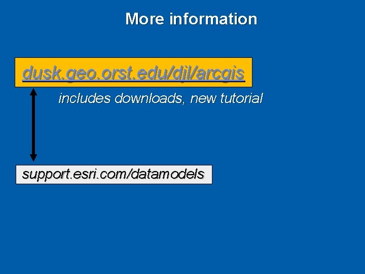 More information dusk. geo. orst. edu/djl/arcgis includes downloads, new tutorial support. esri. com/datamodels 