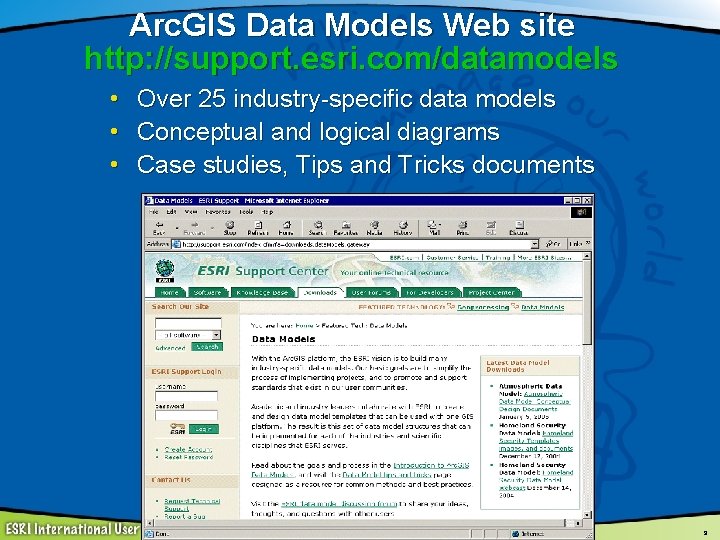 Arc. GIS Data Models Web site http: //support. esri. com/datamodels • • • Over