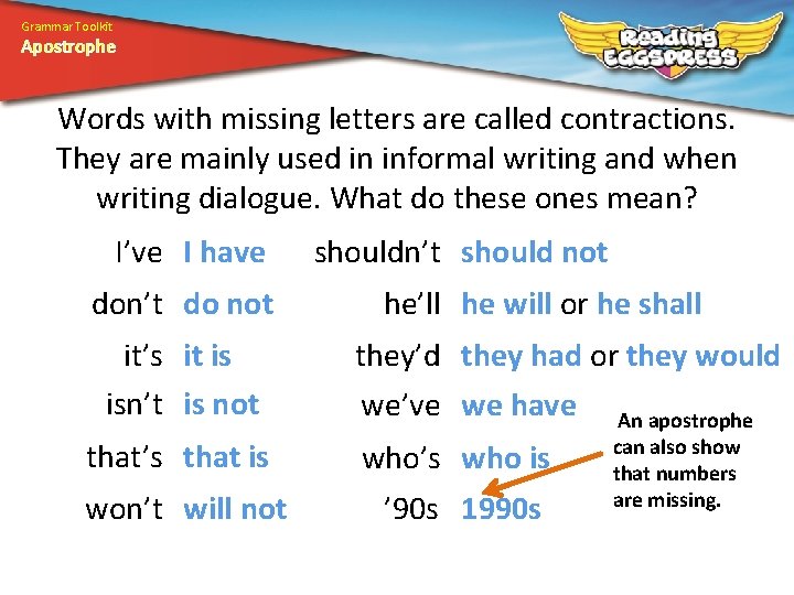 Grammar Toolkit Apostrophe Words with missing letters are called contractions. They are mainly used