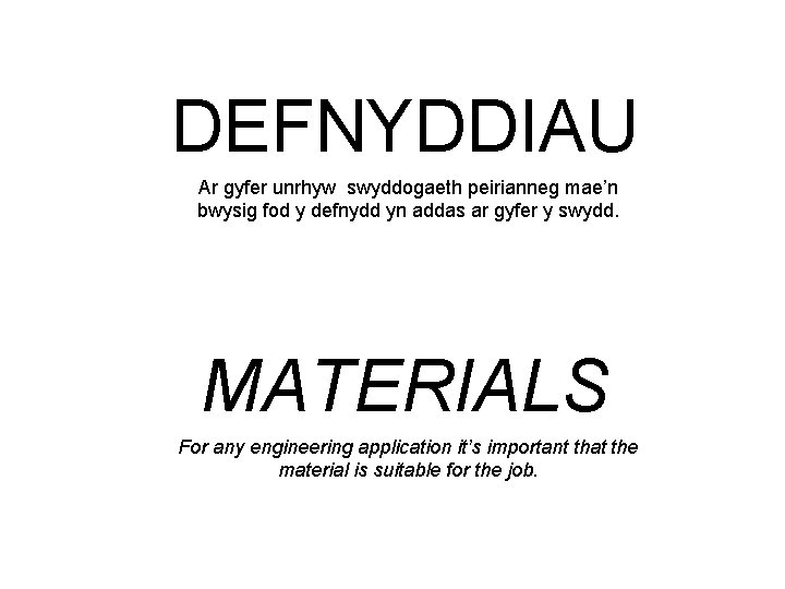 DEFNYDDIAU Ar gyfer unrhyw swyddogaeth peirianneg mae’n bwysig fod y defnydd yn addas ar