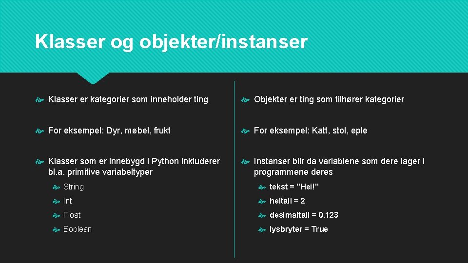 Klasser og objekter/instanser Klasser er kategorier som inneholder ting Objekter er ting som tilhører