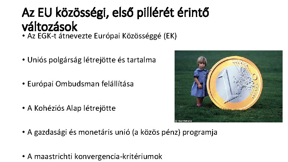 Az EU közösségi, első pillérét érintő változások • Az EGK-t átnevezte Európai Közösséggé (EK)