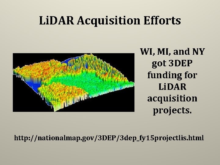 Li. DAR Acquisition Efforts WI, MI, and NY got 3 DEP funding for Li.