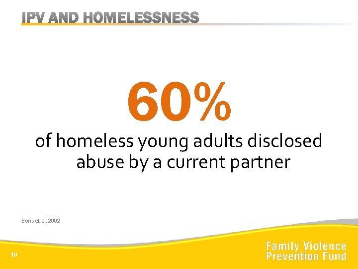 60% of homeless young adults disclosed abuse by a current partner Boris et al,