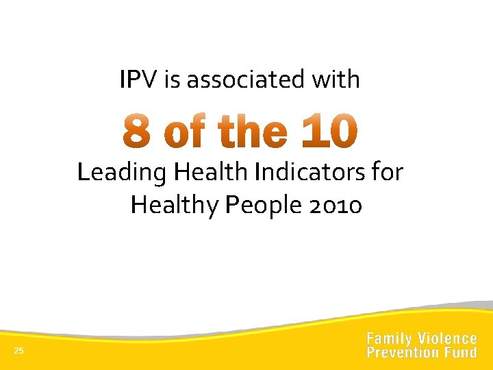 IPV is associated with Leading Health Indicators for Healthy People 2010 25 