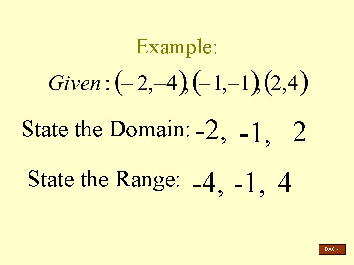 Example: State the Domain: -2, State the Range: -1, 2 -4, -1, 4 BACK