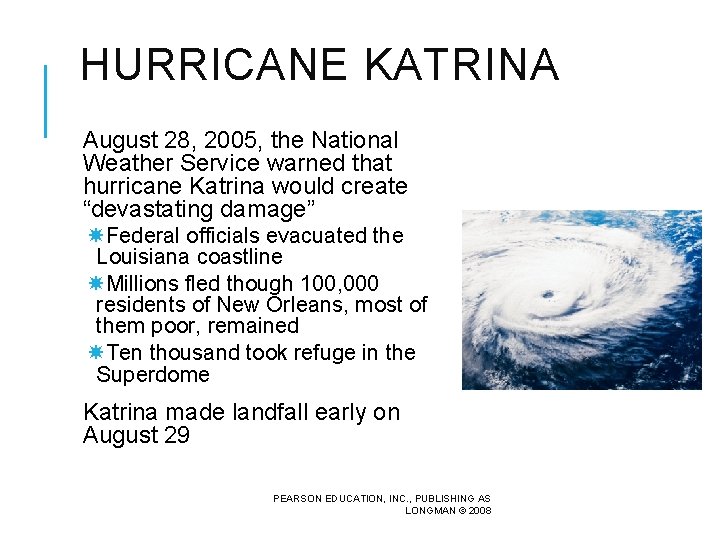 HURRICANE KATRINA August 28, 2005, the National Weather Service warned that hurricane Katrina would
