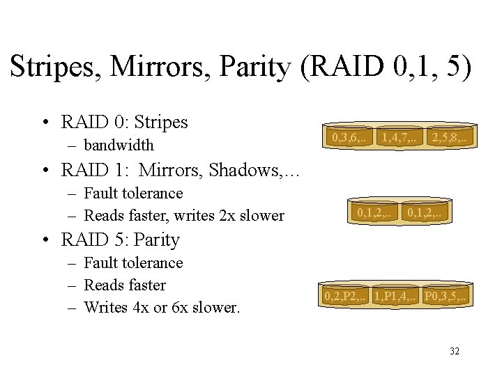 Stripes, Mirrors, Parity (RAID 0, 1, 5) • RAID 0: Stripes – bandwidth 0,