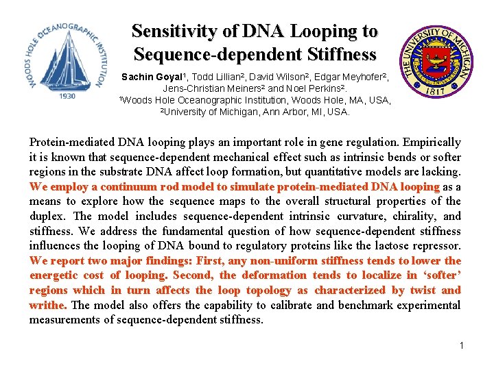 Sensitivity of DNA Looping to Sequence-dependent Stiffness Sachin Goyal 1, Todd Lillian 2, David