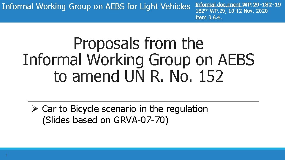 Informal Working Group on AEBS for Light Vehicles Informal document WP. 29 -182 -19