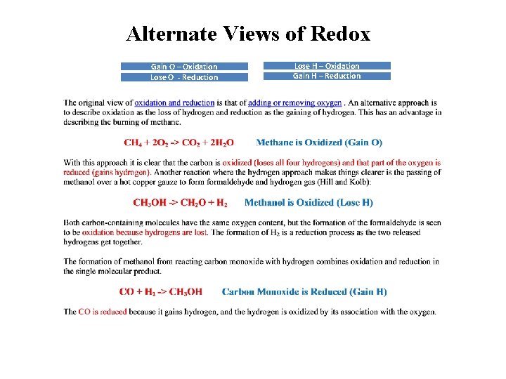Alternate Views of Redox Gain O – Oxidation Lose O - Reduction Lose H