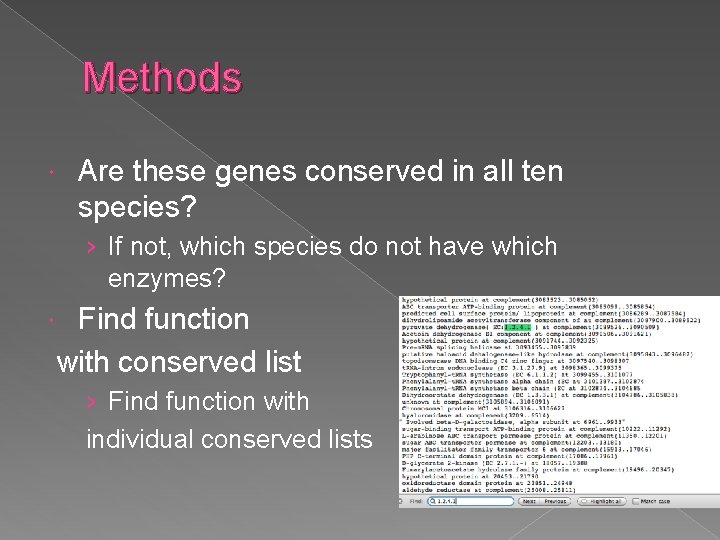 Methods Are these genes conserved in all ten species? › If not, which species