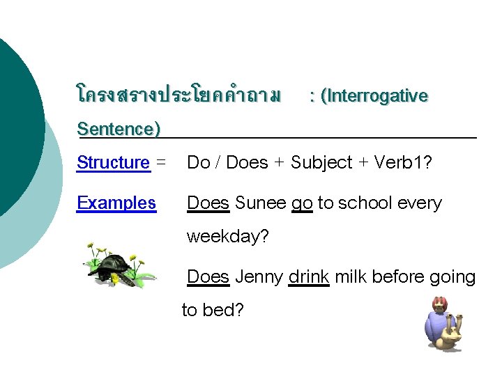 โครงสรางประโยคคำถาม : (Interrogative Sentence) Structure = Do / Does + Subject + Verb 1?