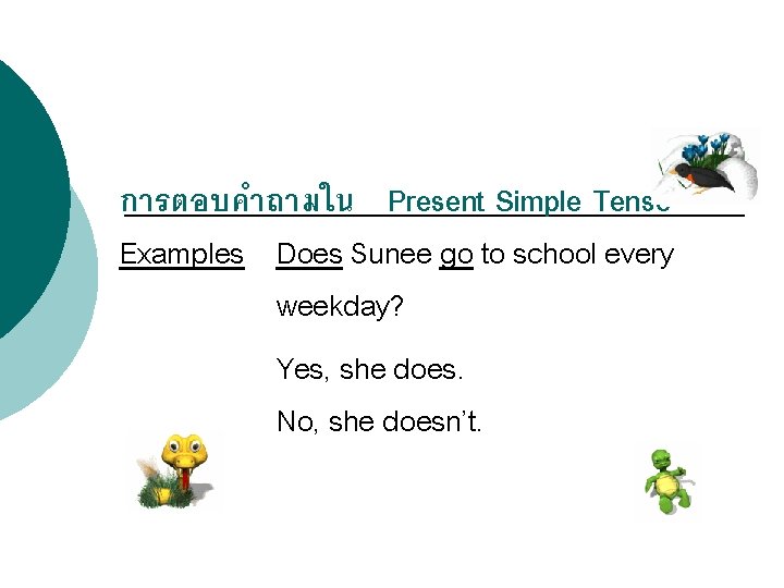 การตอบคำถามใน Present Simple Tense Examples Does Sunee go to school every weekday? Yes, she