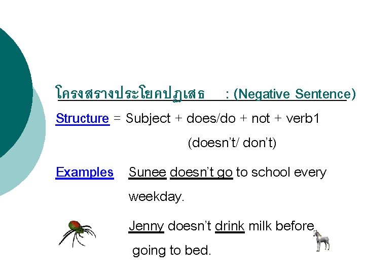 โครงสรางประโยคปฏเสธ : (Negative Sentence) Structure = Subject + does/do + not + verb 1