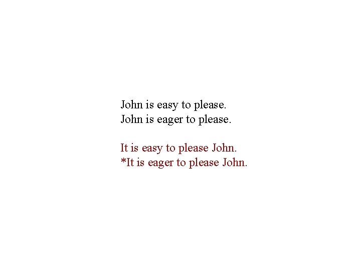 John is easy to please. John is eager to please. It is easy to