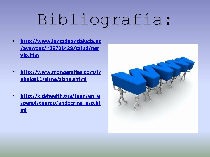 Bibliografía: • http: //www. juntadeandalucia. es /averroes/~29701428/salud/ner vio. htm • http: //www. monografias. com/tr