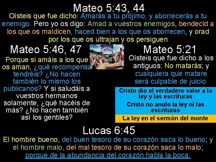 Mateo 5: 43, 44 Oísteis que fue dicho: Amarás a tu prójimo, y aborrecerás