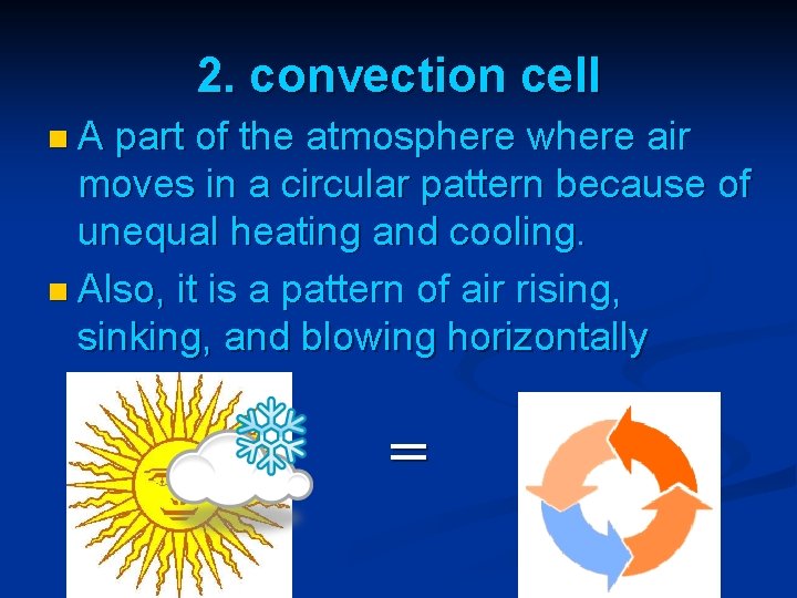 2. convection cell n. A part of the atmosphere where air moves in a