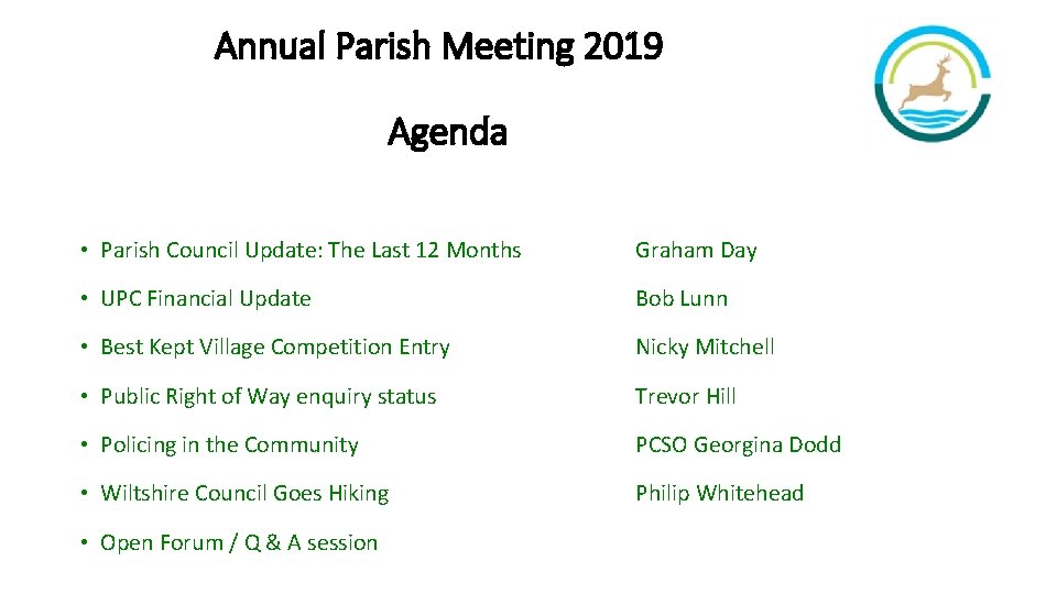 Annual Parish Meeting 2019 Agenda • Parish Council Update: The Last 12 Months Graham