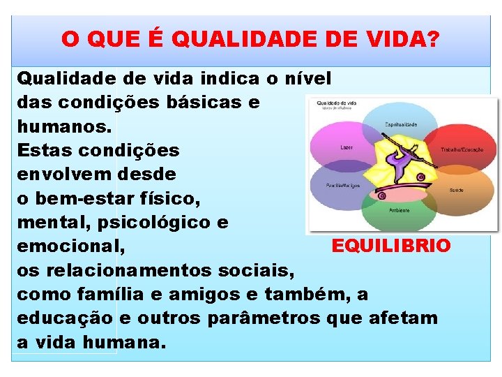 O QUE É QUALIDADE DE VIDA? Qualidade de vida indica o nível das condições