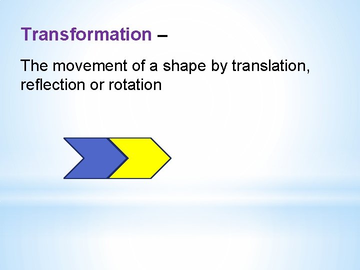 Transformation – The movement of a shape by translation, reflection or rotation 