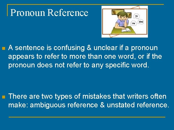 Pronoun Reference n A sentence is confusing & unclear if a pronoun appears to