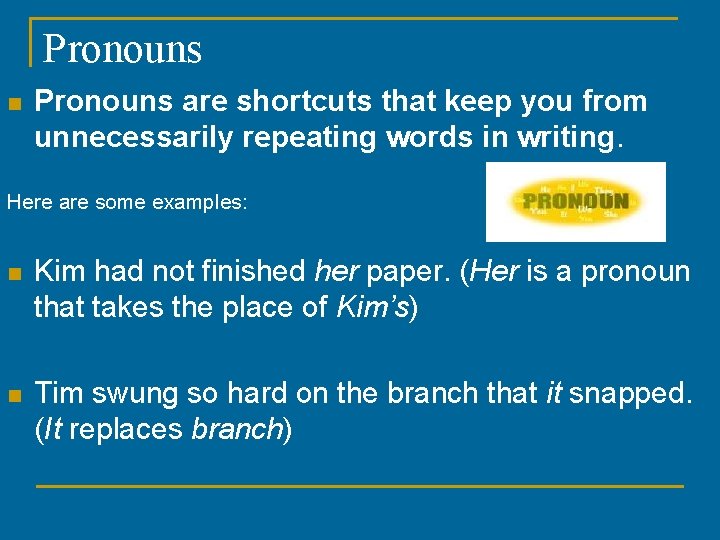 Pronouns n Pronouns are shortcuts that keep you from unnecessarily repeating words in writing.