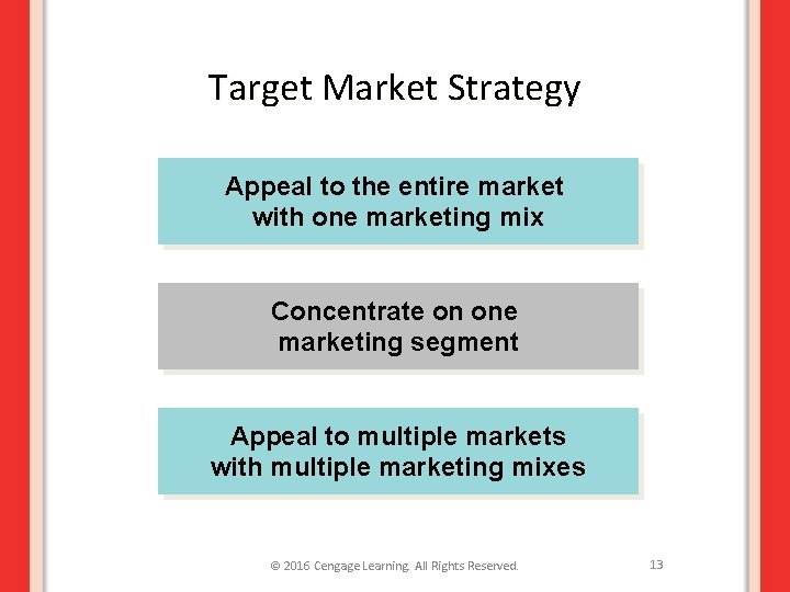 Target Market Strategy Appeal to the entire market with one marketing mix Concentrate on