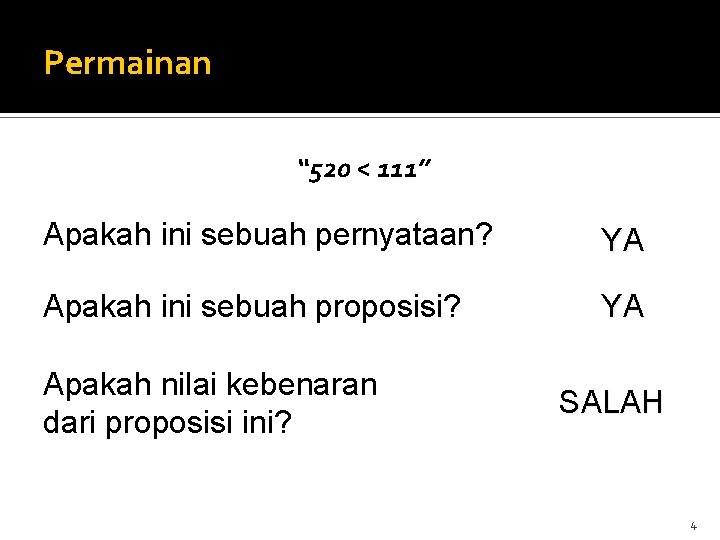 Permainan “ 520 < 111” Apakah ini sebuah pernyataan? YA Apakah ini sebuah proposisi?