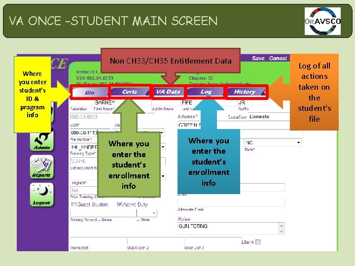 VA ONCE –STUDENT MAIN SCREEN Non CH 33/CH 35 Entitlement Data Where you enter