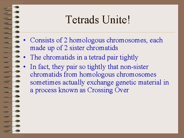 Tetrads Unite! • Consists of 2 homologous chromosomes, each made up of 2 sister