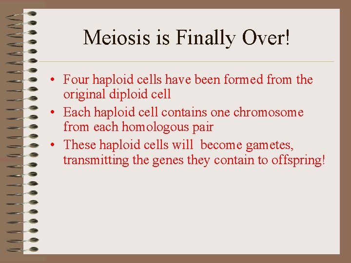 Meiosis is Finally Over! • Four haploid cells have been formed from the original