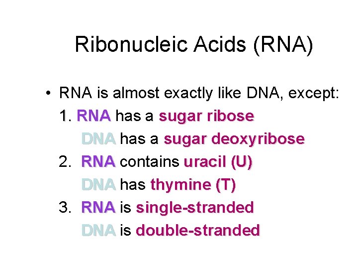 Ribonucleic Acids (RNA) • RNA is almost exactly like DNA, except: 1. RNA has