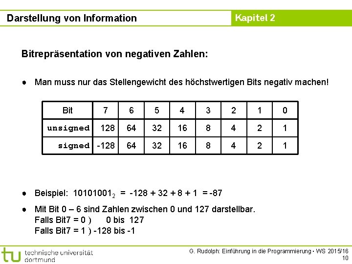 Kapitel 2 Darstellung von Information Bitrepräsentation von negativen Zahlen: ● Man muss nur das