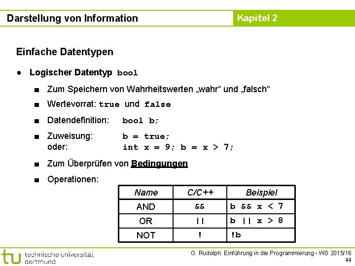 Kapitel 2 Darstellung von Information Einfache Datentypen ● Logischer Datentyp bool ■ Zum Speichern