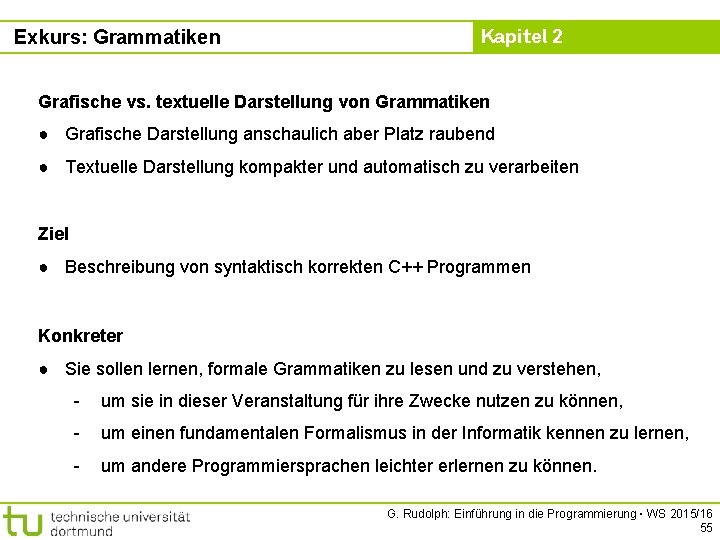 Exkurs: Grammatiken Kapitel 2 Grafische vs. textuelle Darstellung von Grammatiken ● Grafische Darstellung anschaulich