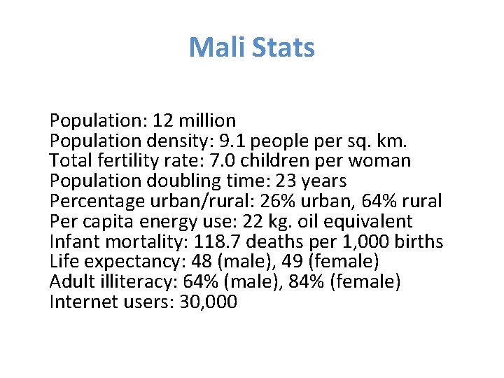 Mali Stats Population: 12 million Population density: 9. 1 people per sq. km. Total