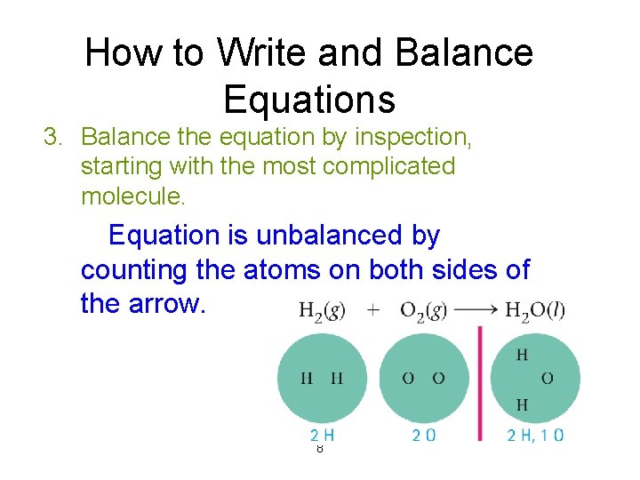 How to Write and Balance Equations 3. Balance the equation by inspection, starting with