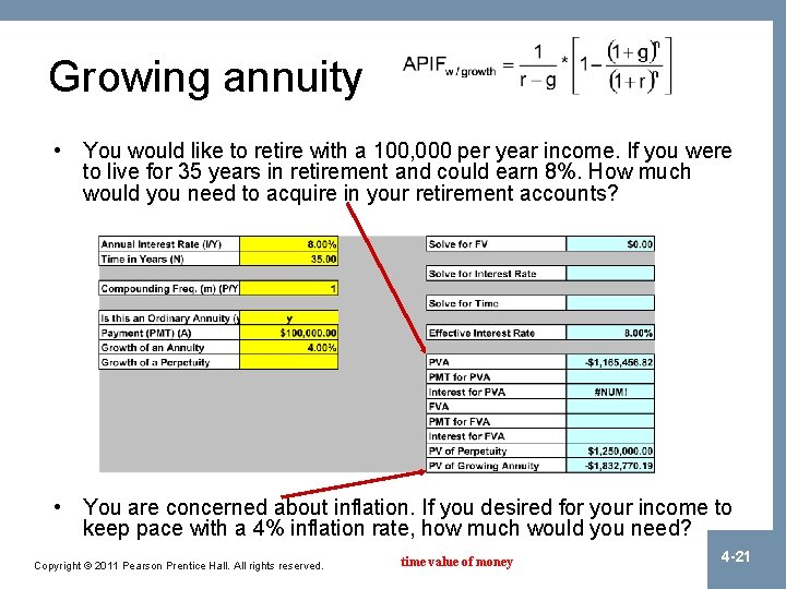 Growing annuity • You would like to retire with a 100, 000 per year