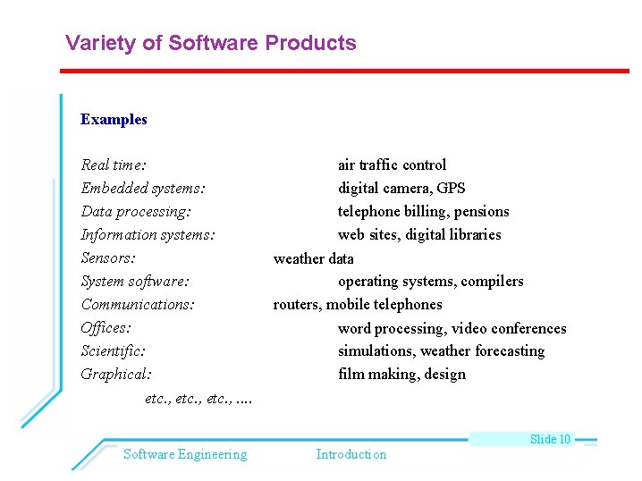 Variety of Software Products Examples Real time: Embedded systems: Data processing: Information systems: Sensors: