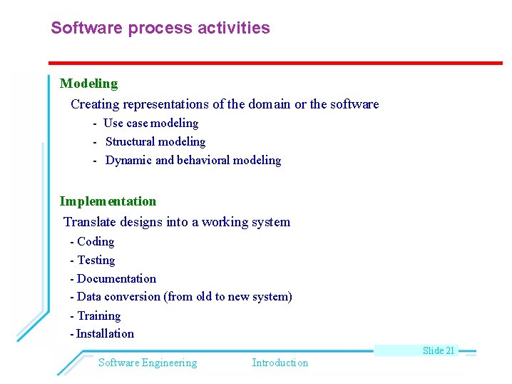 Software process activities Modeling Creating representations of the domain or the software - Use