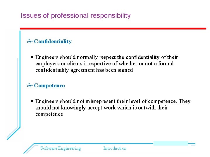 Issues of professional responsibility Confidentiality Engineers should normally respect the confidentiality of their employers