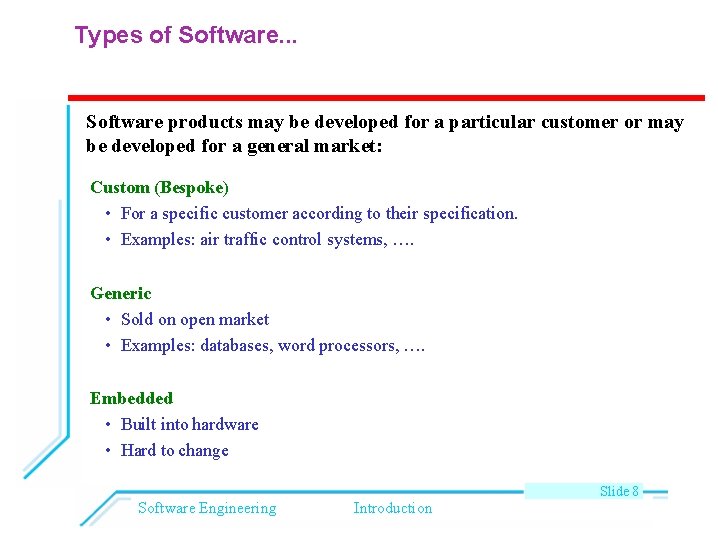 Types of Software. . . Software products may be developed for a particular customer