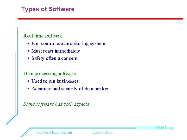 Types of Software Real time software • E. g. control and monitoring systems •