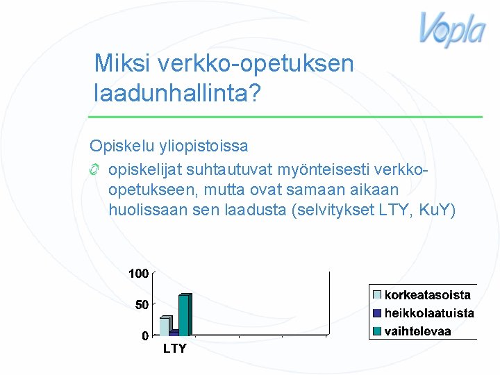 Miksi verkko-opetuksen laadunhallinta? Opiskelu yliopistoissa opiskelijat suhtautuvat myönteisesti verkkoopetukseen, mutta ovat samaan aikaan huolissaan